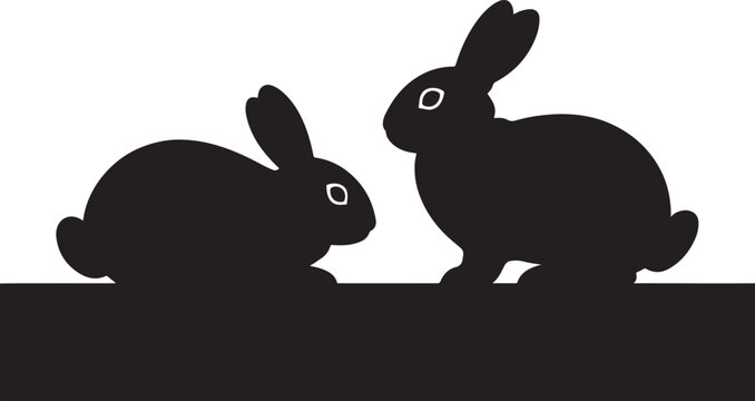Black silhouette of two rabbits facing each other on a solid baseline divider
