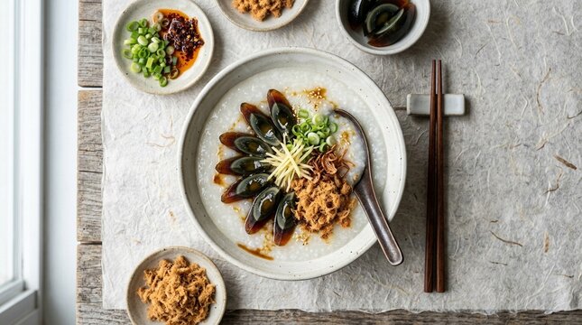 Congee juk rice porridge silky white congee with century egg ginger pork floss overhead overhead flat lay perfect symmetrical composition GFX 100S GFs soft diffused window light rice paper textured