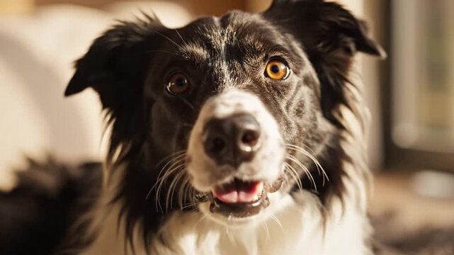 Close-up portrait of a black and white Border Collie dog with intelligent eyes and an open mouth, looking directly at the camera.