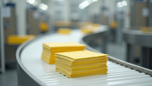 Stacks of yellow envelopes moving along a conveyor belt in a processing facility