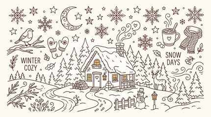 Naklejka premium Charming hand-drawn winter scene with a cozy cottage, snowman, deer, and festive elements, perfect for holiday and seasonal designs.