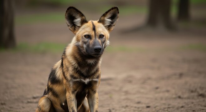 African wild dog sitting in natural habitat with blurred background
