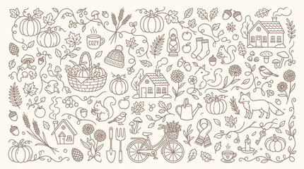 Charming Hand-Drawn Autumn Elements Collection with Pumpkins, Squirrels, and Cozy Homes. © Bara