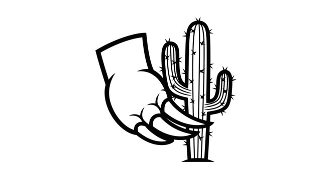 Stylized black and white icon of a hand holding a thorny cactus, symbolizing pain, struggle, danger, or a difficult grasp.