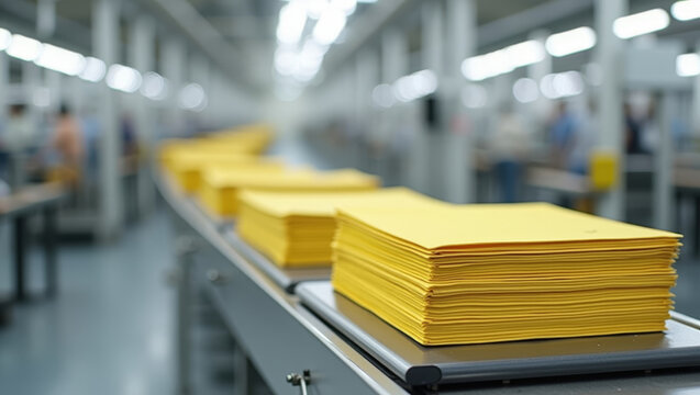 Stacks of yellow envelopes moving along a conveyor belt in a factory setting