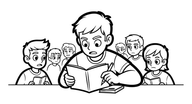 Young boy reading a book while surrounded by classmates.