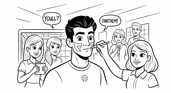 Confused man receiving facial treatment with audience reactions.