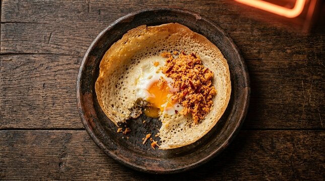 Hoppers bowl Sri Lanka thin crispy hopper bowl with egg coconut sambol overhead bite taken cross-section interior revealed A7R V.8 macro Gs studio beauty dish neon sign ambient warm glow atmospheric