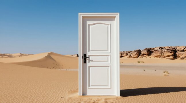 White door stands open in arid desert landscape. Sand dunes and rocky formations under clear blue sky. Surreal entrance offers escape or new beginnings.