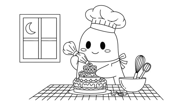 Cute cartoon ghost chef decorating cake in kitchen at night.