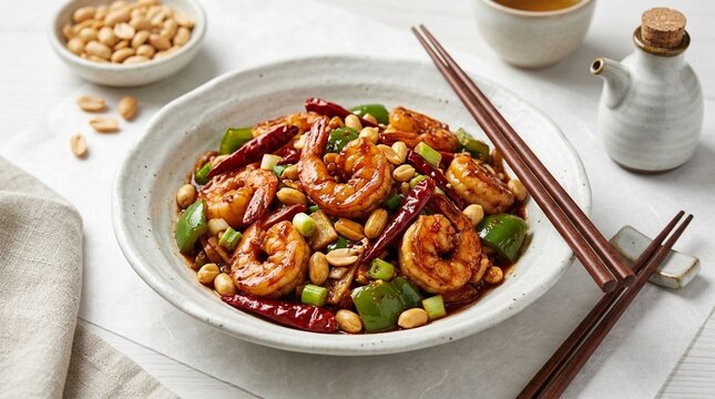 Kung pao shrimp kung pao shrimp peanut dried chili wok overhead close three-quarter angle plated full context IQ4 150MP.8 LSs large-format studio strobe washi paper white surface soft diffused