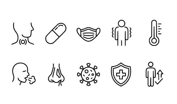 Editable Influenza Symptom Icons Set Featuring Sore Throat Face Mask and Medicine