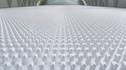 Fototapeta premium Industrial perforated metal panels arranged in geometric pattern under controlled lighting for modern architectural design