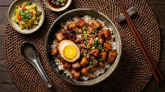Lu rou fan braised pork rice Taiwanese lu rou fan braised pork rice bowl with egg overhead top-down aerial directly above flat lay IQ4 150MP.8 LSs large-format studio strobe dark woven rattan mat