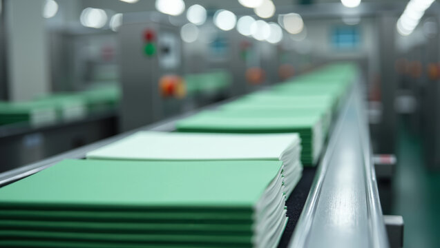 Automated production line processing stacks of green paper documents on a conveyor belt