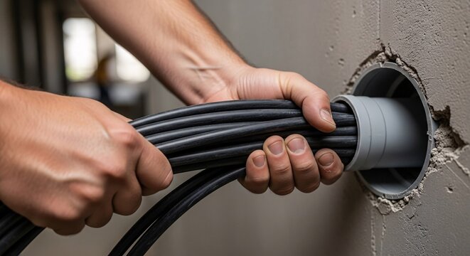 A person untangles and inserts a thick black cord into a hole in a gray wall.