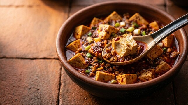 Mapo tofu red spicy scarlet doubanjiang mapo tofu silky blocks in oil close overhead bite taken cross-section interior revealed Z8.4 Ss softbox warm sidelight dark terracotta tile warm sidelight