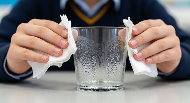 A student is tying a knot in a string near a glass of water on a table in a classroom.
