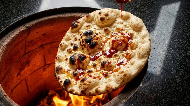 Naan fresh tandoor charred naan bread charring blistering on tandoor wall close action sauce drizzle action overhead freeze frame IQ4 150MP.8 LSs large-format studio strobe polished dark granite