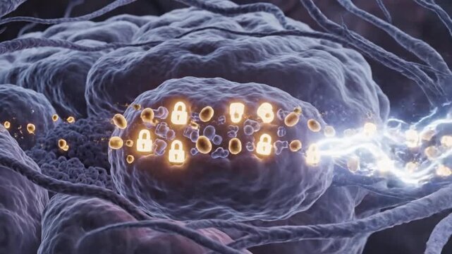 Cinematic 3D visualization of serotonin molecules being released into synaptic gaps between neurons realistic neurotransmitter signaling with glowing biochemical particles traveling across neural path