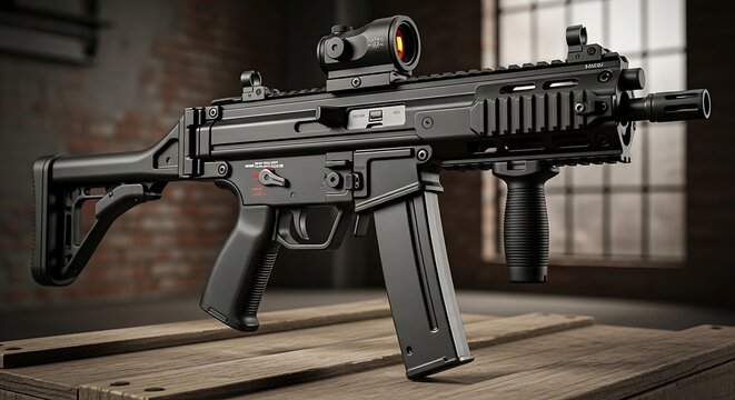 Modern black tactical carbine with red dot sight on wooden crate