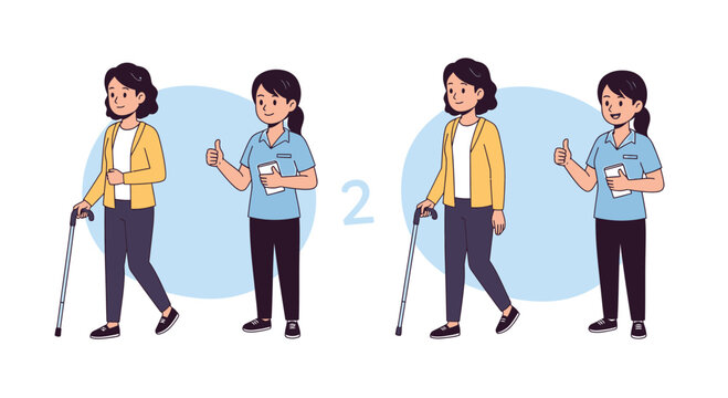 Two women, one elderly with cane, the other young, comparing differences in a split image.