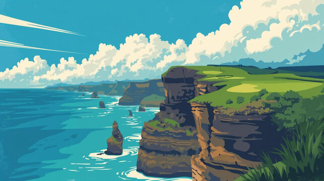 Illustration of a ocean scene. Towering cliffs jut out into turquoise ocean waters, with a green golf course perched on the edge.
