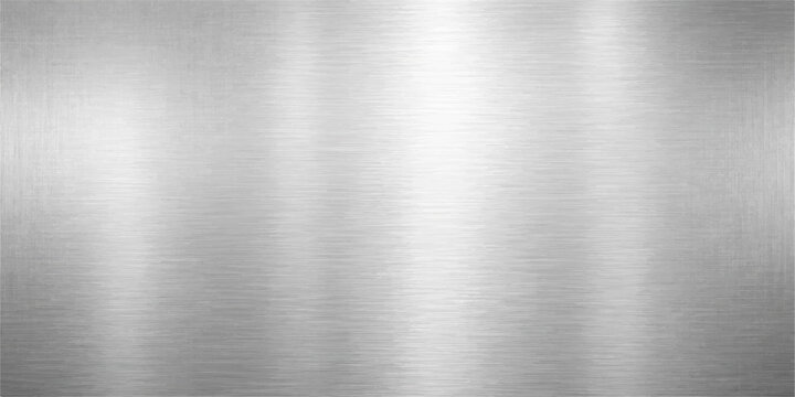 A polished silver steel plate featuring a brushed metallic texture on an industrial aluminum surface with shiny reflection patterns for gray backdrop designs