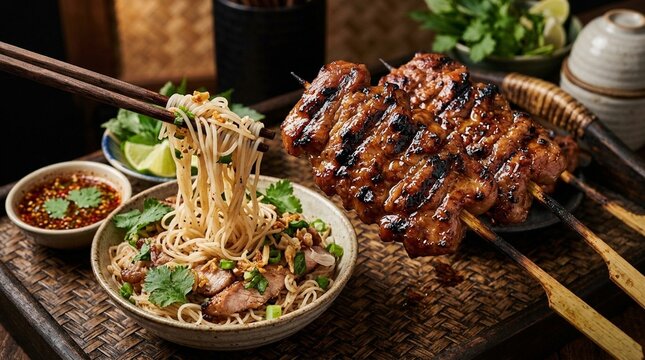 Moo ping pork skewer moo ping grilled pork skewer on charcoal char marks close chopstick or spoon lifting noodle detail close IQ4 150MP.8 LSs large-format studio strobe dark woven rattan mat surface