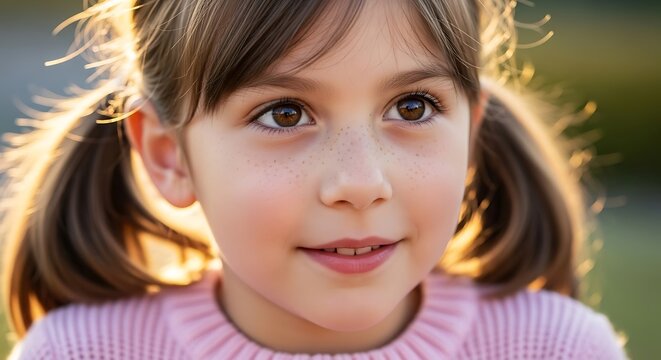 Little girl with freckles and pigtails smiling in golden light