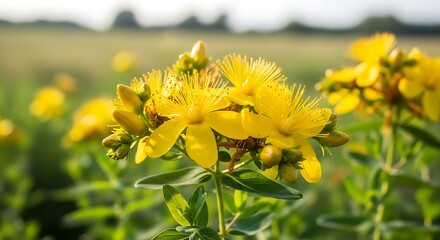 Obraz premium Yellow st johns wort flowers blooming in a sunny summer meadow