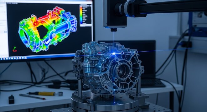 Industrial engine component being measured by a precision 3d scanner