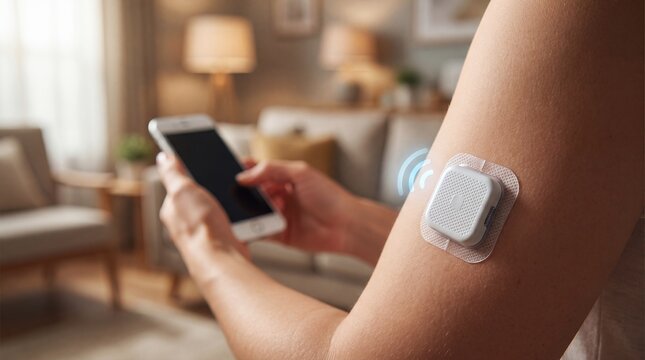 Continuous glucose monitor on patient arm with smartphone app for digital healthcare