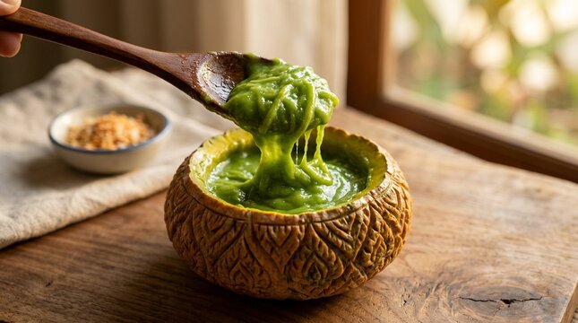 Sangkaya coconut custard Thai pandan coconut custard sangkaya in carved pumpkin chopstick or spoon lifting noodle detail close Z8.4 Ss softbox warm sidelight warm walnut wood surface golden hour