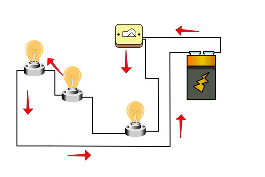 Simple Series Circuit Diagram With Battery, Switch and Light Bulbs Showing Current Flow and Wiring