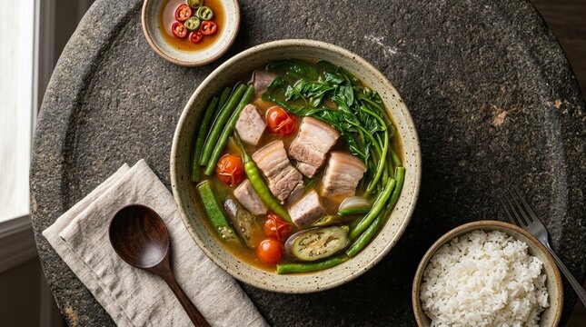 Sinigang sour tamarind soup sinigang tamarind sour soup pork vegetables overhead close overhead flat lay perfect symmetrical composition GFX 100S GFs soft diffused window light stone mortar surface