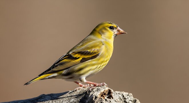 European greenfinch perched on a rock against a blurred background