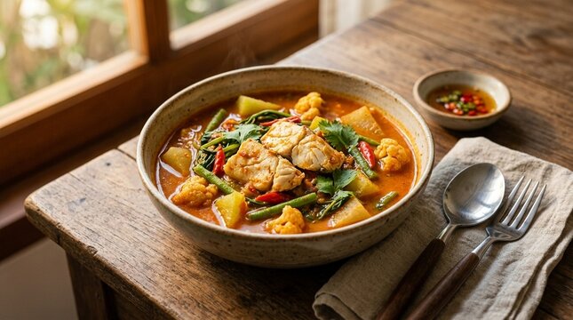Gaeng som sour curry orange sour gaeng som fish vegetable in bowl close 45-degree hero angle classic food photography EOS R5.4Ls soft window sidelight warm walnut wood surface golden hour window