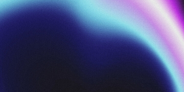 Abstract textured background featuring a smooth curved wave gradient shifting from deep black indigo to cyan and violet with vintage film grain noise effect.