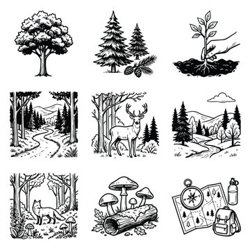 Collection of forest and nature illustrations in black and white.