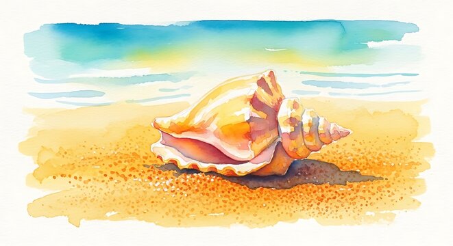 Watercolor painting of a conch shell on a sunny beach