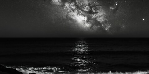 Obraz premium Black and white ocean expanse under starry sky. Dark sea water reflects faint moonlight. Gentle waves wash ashore on rocky coast at deep night.