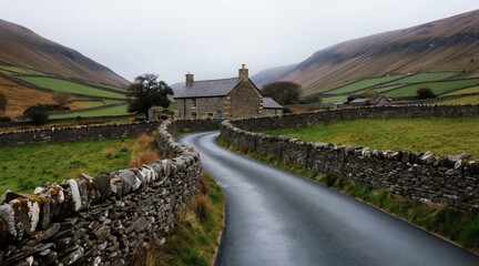 Obraz premium Stone house with chimney sits beside winding road through green fields. Dry stone walls line path up misty hills. Overcast day in rural landscape.