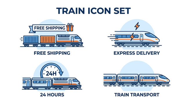 Set of four vector icons depicting different types of train transport, including free shipping, express delivery, 24 hours, and general train transport, designed for various applications