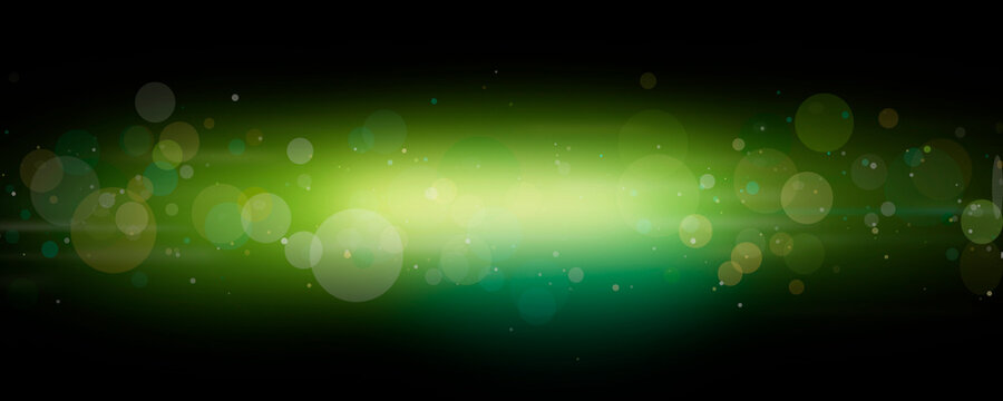 An intense green luminous band rises from a dark field, surrounded by gentle bokeh orbs and soft haze, ideal for tech themes, gaming, and event ads.