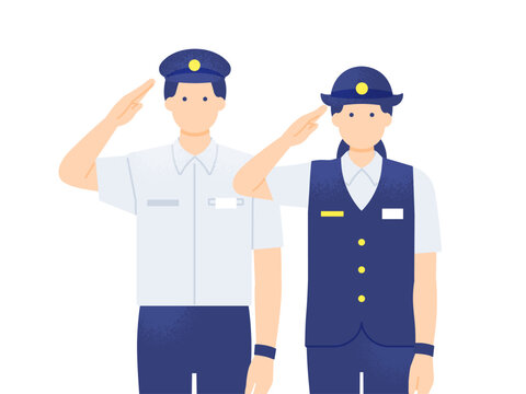 敬礼する夏服の男女駅員 半袖制服の上半身カットのベクターイラスト素材