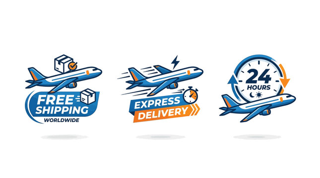 Set of three stylized airplane icons representing free worldwide shipping, express delivery, and 24-hour service with modern graphic design elements for logistics and e-commerce branding