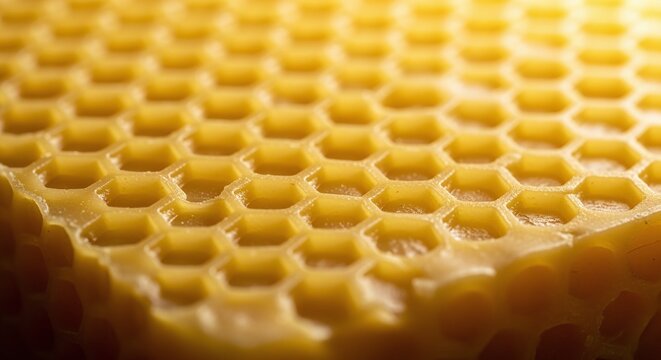 Golden honeycomb texture with warm sunlight illuminating hexagonal cells