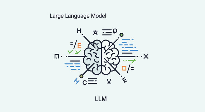 Large Language Model Concept Illustration with Human Brain and Mathematical Symbols.
