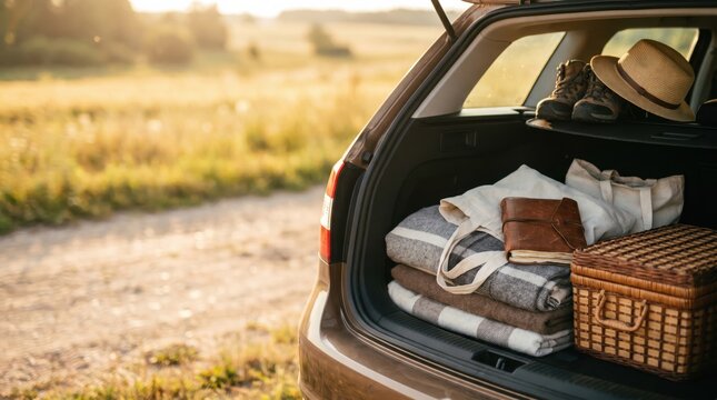 Car trunk packed with picnic basket and blankets for a weekend road trip getaway, travel preparation concept with vintage accessories in a vehicle ready for adventure